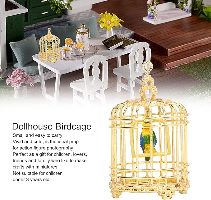 Bird Cage Decor, 1:12 Dollhouse Accessory Metal Small Bird Cage, 5.7x3.5x3.5cm Gold Mini Birdcage for 1/12 or 1/6 Scale Dollhouses