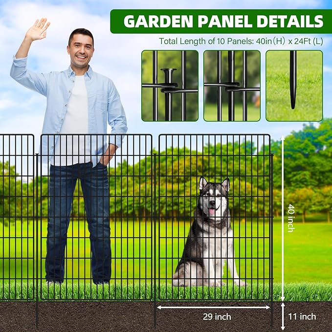 10 Panels Garden Fencing Animal Barrier with Lock, 40 in(H) X 24 ft(L) Dog Fence Outdoor for Yard Rustproof No Dig Decorative Tall Garden Fence Metal Wire Panel Border Rabbit Ground Stakes Fencing