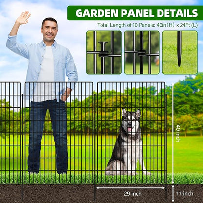 10 Panels Garden Fencing Animal Barrier with Lock, 40 in(H) X 24 ft(L) Dog Fence Outdoor for Yard Rustproof No Dig Decorative Tall Garden Fence Metal Wire Panel Border Rabbit Ground Stakes Fencing