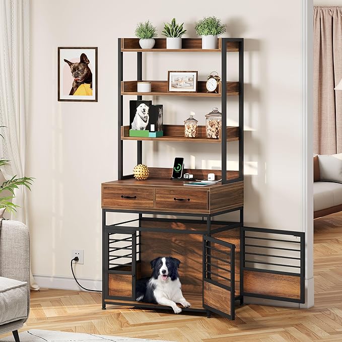 DWVO Dog Crate Furniture with Storage Shelves, Heavy Duty Dog Crate with Drawers & Charging Station, 32 Inch Dog Kennel Indoor Furniture for Medium Dogs, Modern Dog Crate with Double Doors, Brown