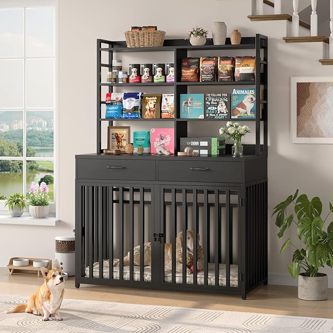 Keyluv 71''H x 47.2''W Large Dog Crate Furniture with 4-Tier Shelves and 2 Storage Drawers, Heavy Duty Dog Cage Furniture with 2 Doors, Wood & Metal Dog Kennel Indoor for Small/Medium/Large Dog, Black