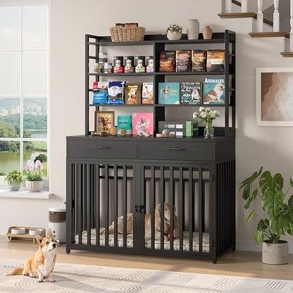 Keyluv 71''H x 47.2''W Large Dog Crate Furniture with 4-Tier Shelves and 2 Storage Drawers, Heavy Duty Dog Cage Furniture with 2 Doors, Wood & Metal Dog Kennel Indoor for Small/Medium/Large Dog, Black