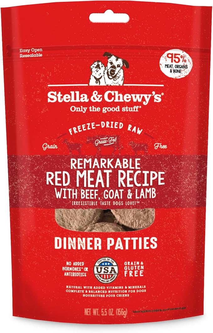 Stella & Chewy's Freeze Dried Raw Dinner Patties  Grain Free Dog Food, Protein Rich Remarkable Red Meat Recipe  5.5 oz Bag