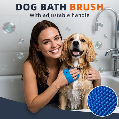 4PCS Dog Bath Brush | Scrubber for Bath | Shampoo Brush | Toothbrush | Finger Toothbrush | Dog Shower/Washing Brush with Adjustable Ring Handle - Pet Bath Supplies (Blue Red)