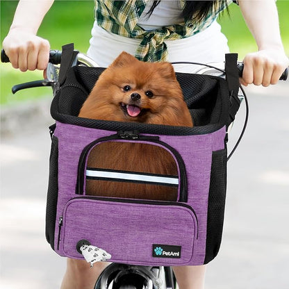 PetAmi Dog Bike Basket, Soft-Sided Ventilated Dog Bike Carrier Backpack, Dog Pet Bicycle Basket for Bike Handlebar, Small Medium Puppy Cat Kitten Car Booster Seat with Safety Strap