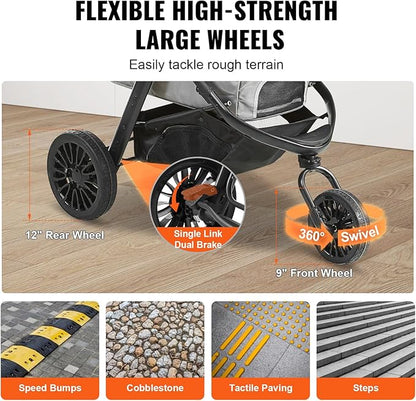 VEVOR Large Pet Stroller for Dogs Cats up to 75lbs, 3 Wheels Folding Cat Dog Stroller, Portable Pet Jogging Stroller with Storage Basket, Adjutable Handle Height and Zipperless Canopy