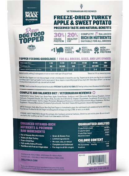 Bully Max Freeze-Dried Raw Dog Food Toppers for Puppies and Adult Dogs - Turkey with Real Fruits & Veggies - Natural Meal Enhancers with Vitamins & Minerals - Feed as Puppy Treat or Dog Meal