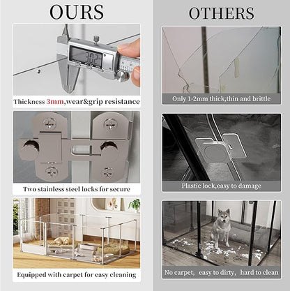 Dog Clear Playpen Fence Kennel: 10Panels Indoor Transparent Whelping Box Pen Cage with Waterproof whelping pad - Extra Long Acrylic Exercise Kennel with Metal Frame for Cats Puppy Rabbits Guinea Pig