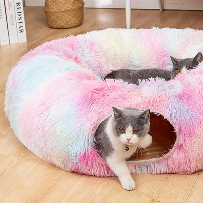 LUCKITTY Warm Fluffy Plush Cat Dog Tunnel Bed with Washable Cushion-Big Tube Playground Toys 3 FT Diameter Longer Crinkle Collapsible 3 Way, for Indoor Cat Kitty Kitten Puppy Rabbit Ferret Rainbow