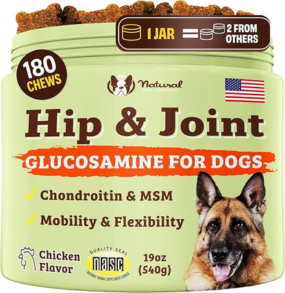 Natural Dog Company Hip & Joint Chews for Dogs with Glucosamine for Dogs + Chondroitin, MSM & Turmeric, Supports Mobility & Reduces Discomfort, Stiffness, Natural Pain Relief Joint Supplement. 180 Ct