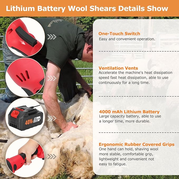 21V Cordless Electric Professional Sheep Shears, Rechargeable Sheep Clippers Cordless, Heavy Duty Animal Grooming Clippers for Sheep, Goats, Cattle and Other Farm Livestock(2 Lithium Batteries)