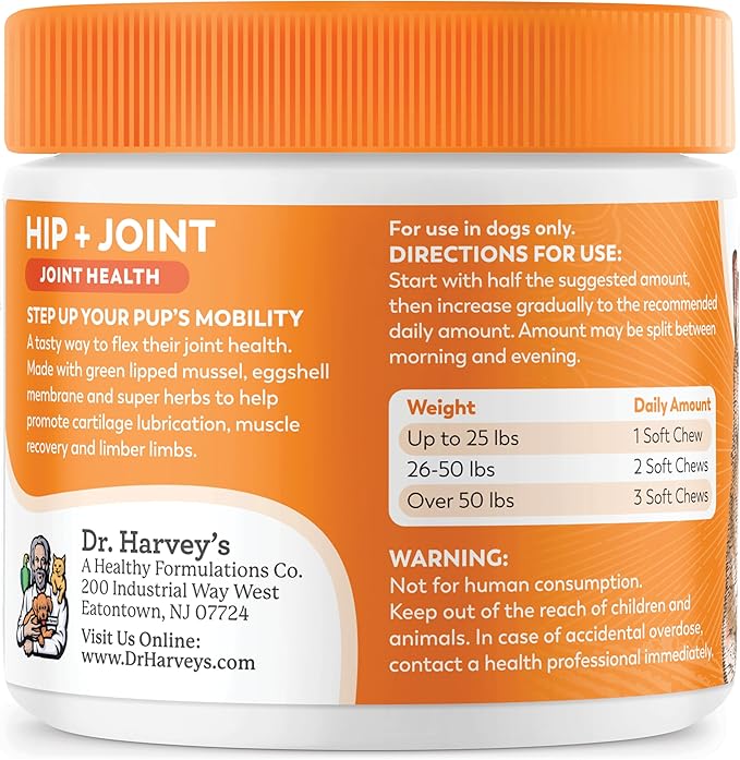 Dr. Harvey's Hip & Joint Soft Chews for Dogs, Daily Mobility Supplement Chewable Bites for Dogs with Glucosamine, Chondroitin & MSM, Green Lipped Mussel, Chicken Flavor (90 Chews)