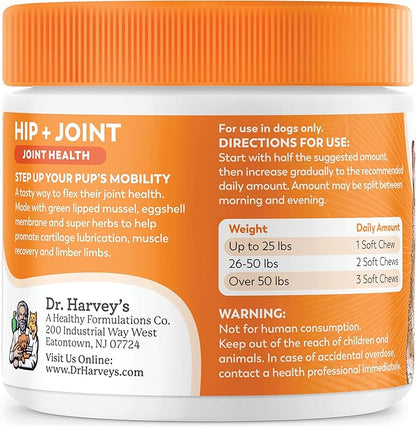 Dr. Harvey's Hip & Joint Soft Chews for Dogs, Daily Mobility Supplement Chewable Bites for Dogs with Glucosamine, Chondroitin & MSM, Green Lipped Mussel, Chicken Flavor (90 Chews)