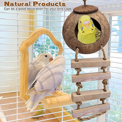 PINVNBY Coconut Bird Nest Hut with Ladder, Coconut Hide Lovebird House Hanging Toy for Budgies Parakeet Cockatiels Conure Canary Finch Pigeon (with Natural Coconut Fiber)