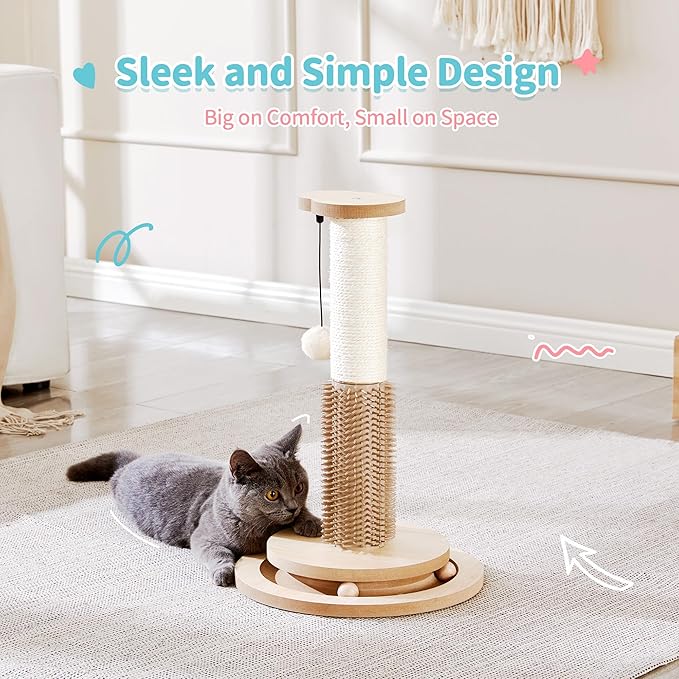 Made4Pets Cat Scratching Post 18" Tall for Small Kittens, 4-in-1 Cat Scratcher with Natural Sisal Ropes, Wooden Turntable Track Toy with Self Grooming Brush, Premium Scratch Pole with Plush Balls