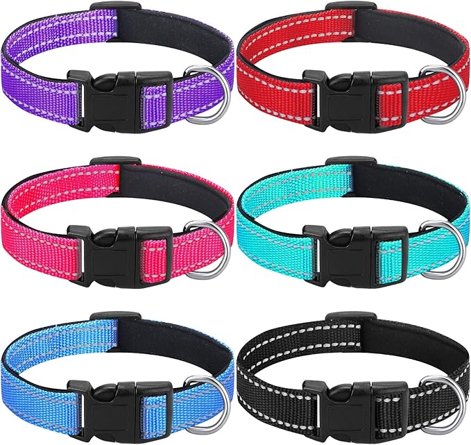 6 Pcs Reflective Dog Collar Soft Padded Breathable Adjustable Nylon Pet Collar with Safety Locking Buckle for Dogs Cats Puppy Pets Accessories(Large,Fresh Color)