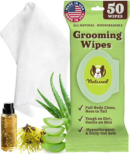 Natural Dog Company Grooming Wipes with Aloe Vera, Cleanses, Soothes, & Deodorizes, Fragrance Free, Hypoallergenic, Biodegradable - Dog Wipes for Ear, Paws, Face and Butt (50 ct)