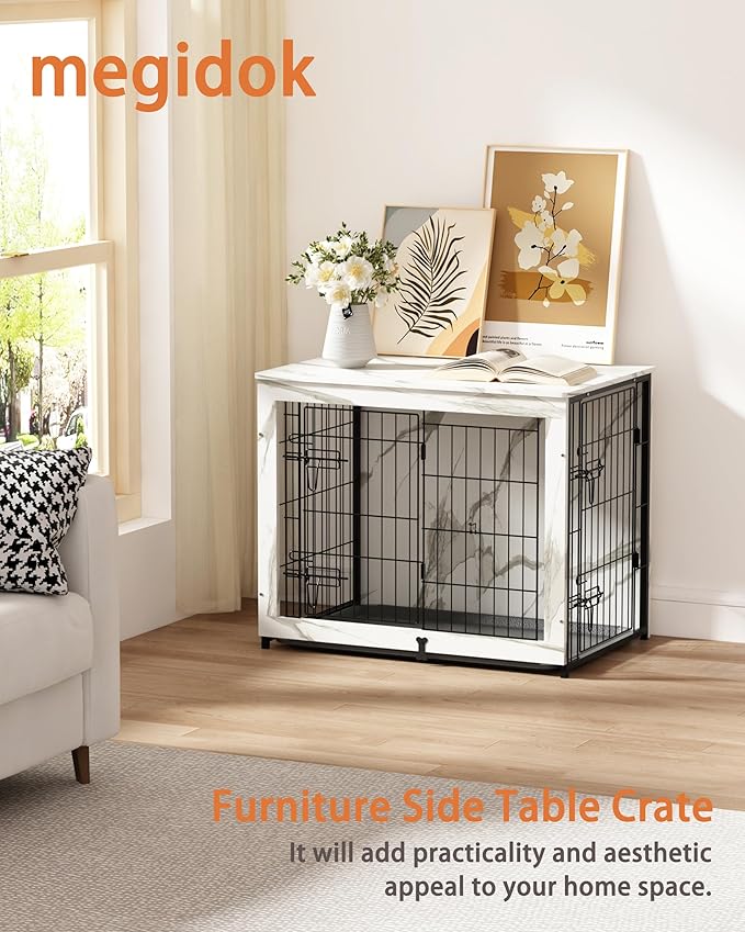 Megidok Wooden Dog Crate Furniture with Cushion, Dog Crate End Table with Tray, Double Doors Dog Crate Furniture Style, Decorative Dog Kennels Indoor for Small to Medium Dog-Marble White, 32*22*26.5