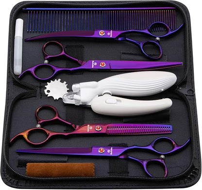 8.0 in 9CR Titanium Professional dog grooming scissors set,Grooming Scissors for Dogs Cats,Pet nail clippers,Shears, Straight,Curved,Thinning Shears,Comb for Full Body,Face, Nose,Ear,Paw