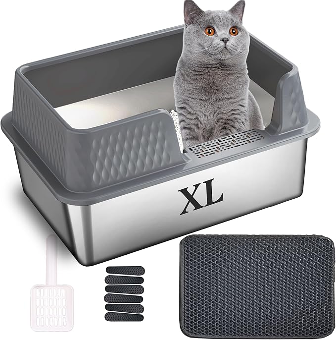 Suhaco Stainless Steel Litter Box Side Entry, Kitty Litter Mat and White Scoop Included Covered Metal High Sided Extra Large Cat Litter Box with Lid Removable Enclosure for Medium Cats (Tall Grey)