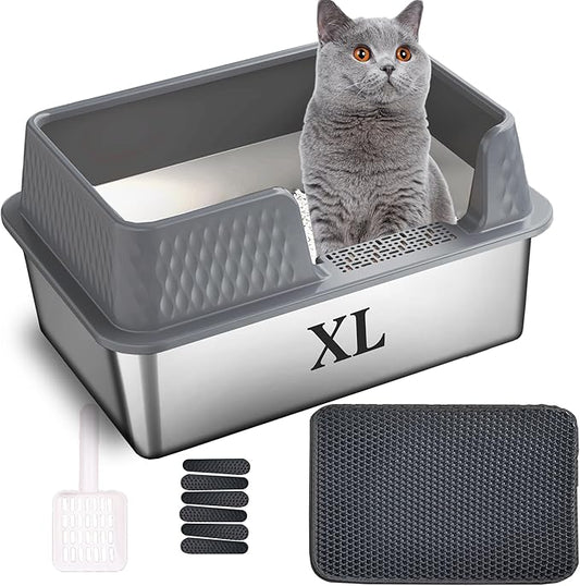Suhaco Stainless Steel Litter Box Side Entry, Kitty Litter Mat and White Scoop Included Covered Metal High Sided Extra Large Cat Litter Box with Lid Removable Enclosure for Medium Cats (Tall Grey)