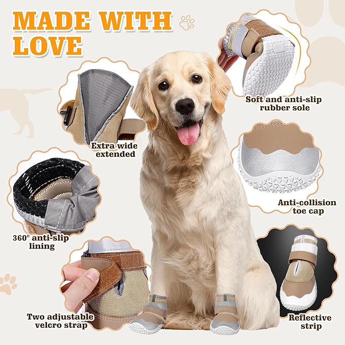 DcOaGt Dog Shoes Large Size Dogs,Mesh Breathable Dog Boots & Paw Protectors for Hot Pavement Summer Winter Snow, 360°Anti-Slip Dog Booties with Reflective Strips for Hiking/Walking,Khaki 4PCS(Size 8)