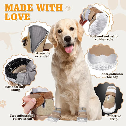 DcOaGt Dog Shoes Large Size Dogs,Mesh Breathable Dog Boots & Paw Protectors for Hot Pavement Summer Winter Snow, 360°Anti-Slip Dog Booties with Reflective Strips for Hiking/Walking,Khaki 4PCS(Size 8)