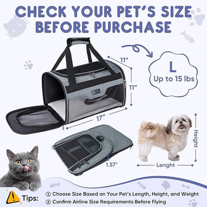 BALEINE Cat Carrier, Puppy Dog Carrier for Small Medium Pets Up to 15 Lbs, Soft-Sided Dog Travel Bag with Safety Zippers, Collapsible Pet Carrying Case (Gray, L, 17"x11"x11")