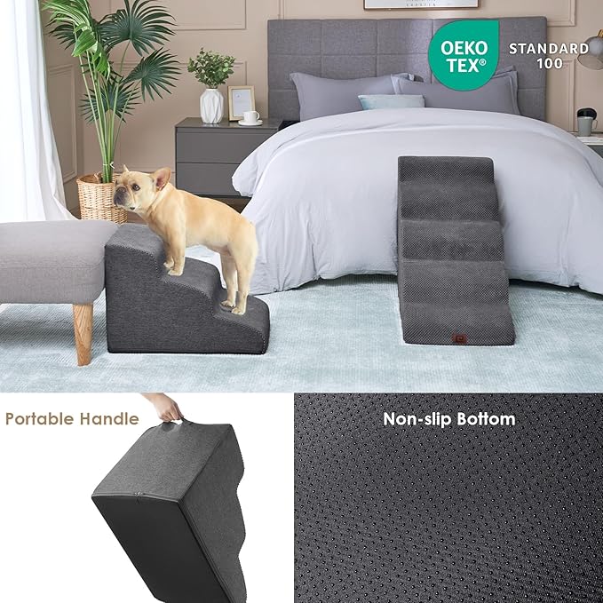 EHEYCIGA Curved Dog Stairs Ramp for Small Dogs 15.7" H, 3-Step Dog Steps for Couch Sofa and Chair, Pet Stairs for Cats, Non-Slip Balanced Pet Steps Indoor, Grey