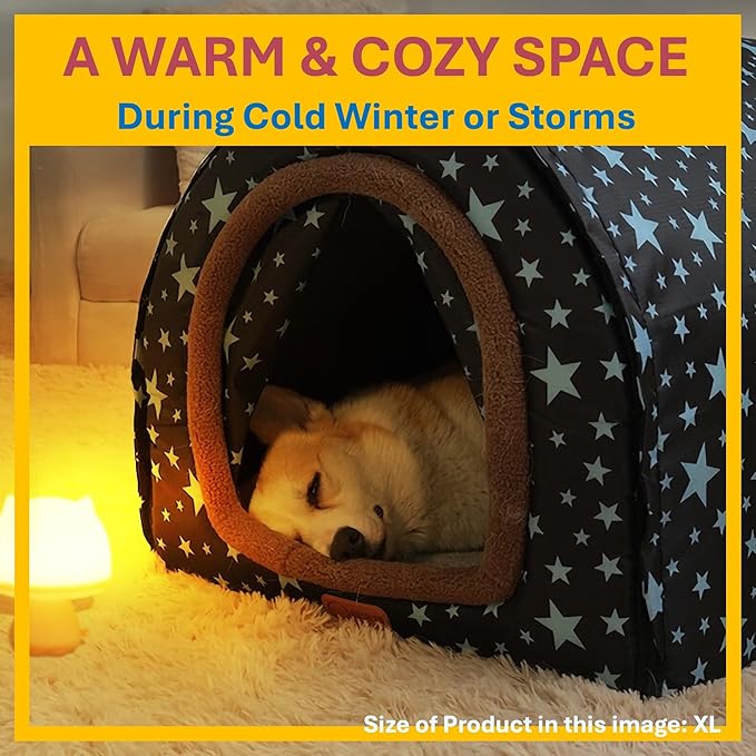 2 in 1 Extra Large Pet Winter House Convertible to Bed with Warm Cushion Mat, 2 Way Indoor Outdoor Portable Dog Kennel, Removable Washable Cover (2XL Starry Sky)
