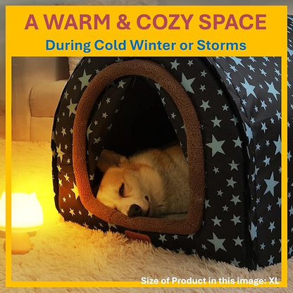 2 in 1 Extra Large Pet Winter House Convertible to Bed with Warm Cushion Mat, 2 Way Indoor Outdoor Warm Dog House Bed, Removable Washable Cover (XL Starry Sky)