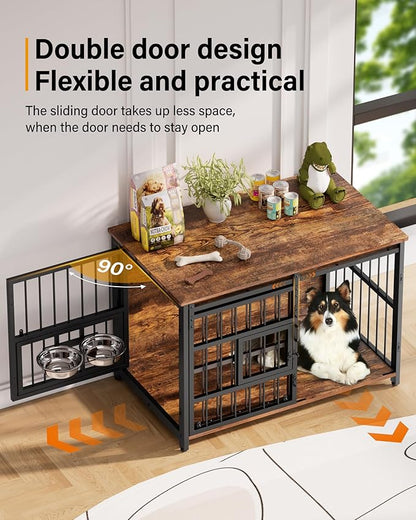 Dog Crate Furniture for Large Breed, Sliding Barn Door Dog Crate with Interactive Window for Anxiety Dogs, 360°Rotatable & Elevated Dogs Bowls, Wooden Dog Kennel Furniture, Dog Cage Furniture Indoor