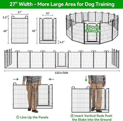 Dog Playpen Outdoor 16 Panels Heavy Duty Dog Fence 40" Height Anti-Rust with Doors Portable for RV Camping Yard, Total 36FT, 103 Sq.ft, Snowy Black