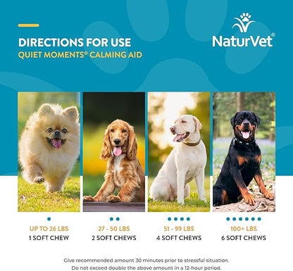 NaturVet Quiet Moments Calming Dog Supplement, Dog Soft Chews with Melatonin to Help Reduce Stress from Storms, the Vet, Fireworks, and Travel, Bacon and Chicken Flavored Pet Supplement, 240 Count Jar