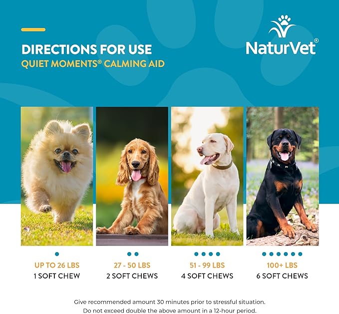 NaturVet Quiet Moments Calming Dog Supplement, Dog Soft Chews with Melatonin to Help Reduce Stress from Storms, The Vet, Fireworks, and Travel, Bacon and Chicken Flavored Pet Supplement, 65 Count