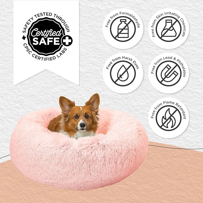 Best Friends by Sheri Original Calming Donut Dog and Cat Bed, Shag Faux Fur, Cotton Candy Pink, (30in x 30in) - Anxiety Relief for Pets Up to 45 lbs