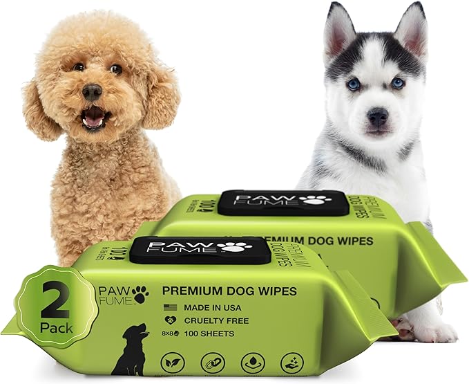Pawfume Dog Wipes 2 x 100 Count, Pet Wipes  Hypoallergenic & Gentle Dog Wipes for Eyes, Face, Butt, and Paws  Cleaning & Deodorizing, Grooming Tear Stain Wipes for Puppy, Adult Dogs & Cats