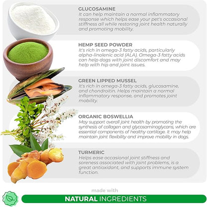 Hemp Hip and Joint Supplement for Dogs - 90 Soft Chews - with Green Lipped Mussel, Glucosamine, Turmeric, Fish Oil, MSM and Yucca Schidigera
