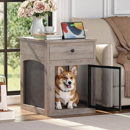 HOOBRO Dog Crate Furniture, Dog Kennel with Drawer and Charging Station, Indoor Decorative Puppy House, Wooden Pet Crate End Table for Small Dogs, Greige and Black BG58UGW03G1