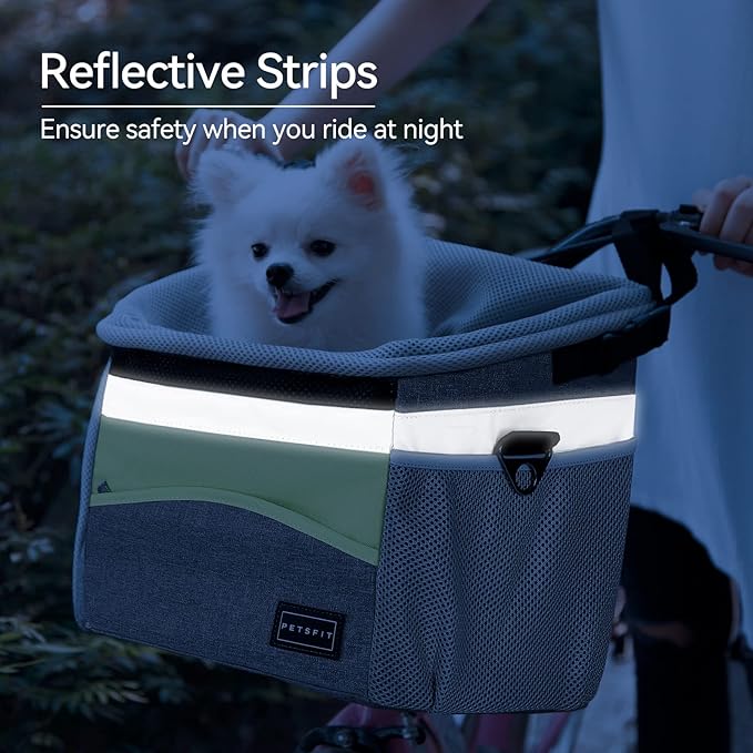 Petsfit Dog Bike Basket, Dog Booster Car Seat, Dog Car Seat for Small Dogs/Cats/Puppies with Safety Rope/Reflective Strips/Two Side Storage Pockets (Grey)