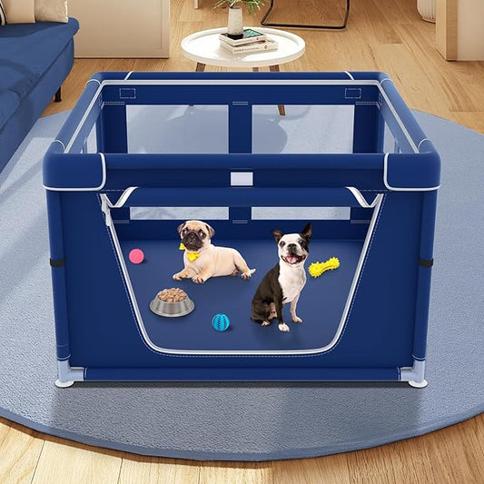 42x42x26 Inches Puppy Playpen with Gate, Small Dog & Puppy Playpen for Indoor & Outdoor, Sturdy Safety Dog Crate with Durable Mesh Windows, Blue