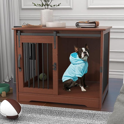 TAOHFE Solid Wood Dog Crate Furniture, Dog Kennel Indoor for Small Dogs with 2 Types Doors, Solid Wood Small Dog Crates Farmhouse Style, Dog Kennel Furniture for Dogs to Play & Rest