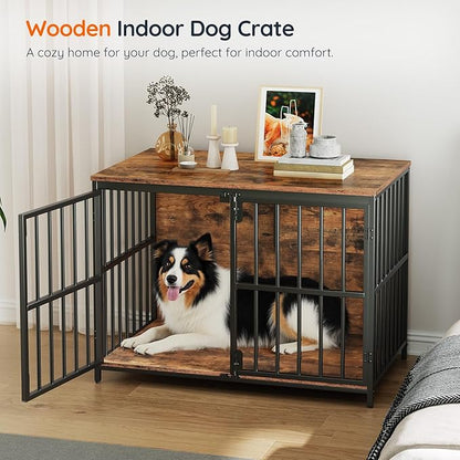 HOOBRO 38.6" Dog Crate Furniture, Wooden Dog Kennel Indoor, Chew-Resistant Heavy Duty Dog Cage for Small/Medium Dog, Decorative Side End Table, Rustic Brown and Black BF100GW03