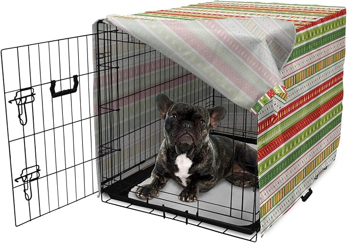 Ambesonne Christmas Dog Crate Cover, Traditional Winter Seasonal Borders Stars Bells Trees Stripes Print, Easy to Use Pet Kennel Cover for Cats & Medium Dogs, 30 Inch, Lime Green