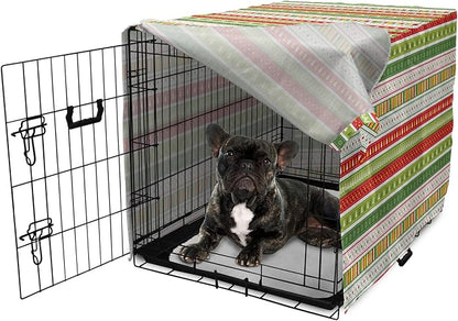 Ambesonne Christmas Dog Crate Cover, Traditional Winter Seasonal Borders Stars Bells Trees Stripes Print, Easy to Use Pet Kennel Cover for Cats & Medium Dogs, 24 Inch, Lime Green