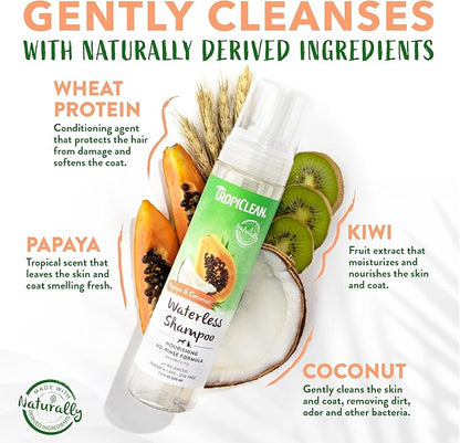 TropiClean No Rinse Waterless Dog Shampoo | Detangling & Deodorizing Dry Shampoo for Smelly Pets | Moisturizes Dry Skin | USA Made | Papaya Scent | 7.4oz