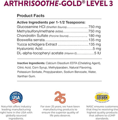 NaturVet ArthriSoothe-Gold Level 3 Advanced Joint Care for Dogs and Cats, 32 oz Liquid, Made in USA