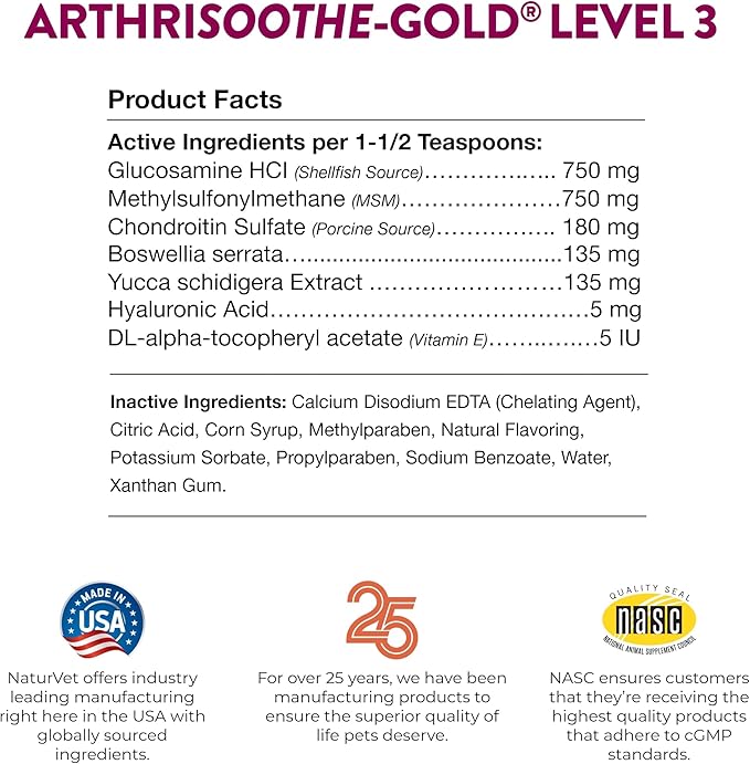 NaturVet  ArthriSoothe-Gold Advanced Care Liquid | Level 3 Advanced Joint Care | Supports Healthy Hip & Joint Function | Enhanced with Glucosamine, MSM & Chondroitin | For Dogs & Cats | 16 oz Liquid