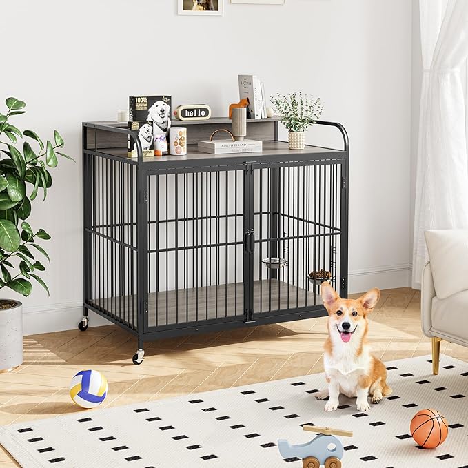39.8" L X 22.5" W X 38.6" H Dog Crate Furniture, Dog Crate Indoor with Adjustable Height Bowls, Wooden Heavy Duty, 39.8 Inch Dog Kennel Furniture for Medium Dogs,Grey