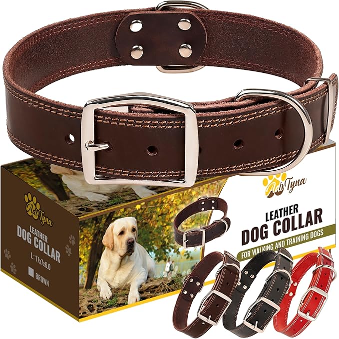 ADITYNA Heavy Duty Leather Dog Collar for Large Dogs - Soft and Strong Leather Dog Collar for Walking, Training, Hiking, Hunting, and Running (Large: Fit 17" - 23" Neck, Brown)